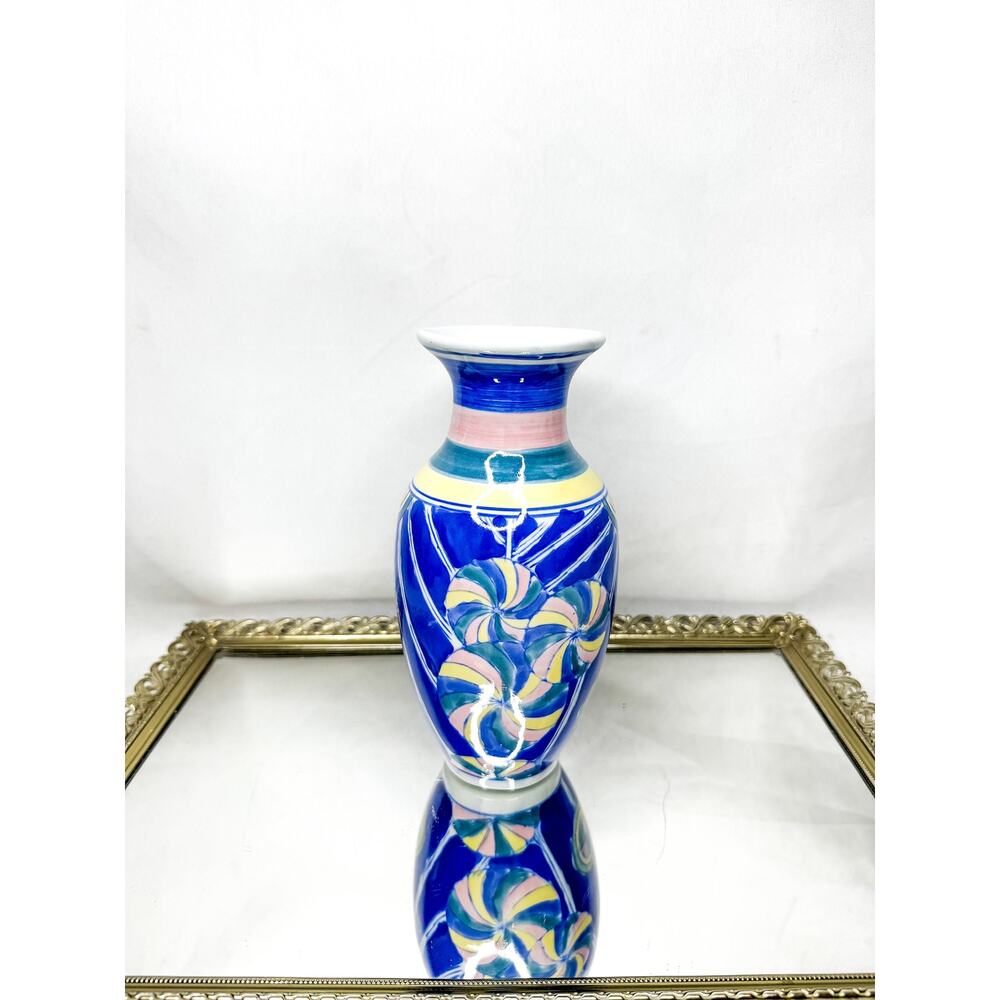 Vtg Fabrique En China, Chinese Inspired Art, 8” Ceramic Vase, Blue, Yellow, Pink